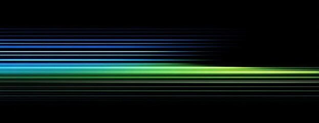Abstract graphic features blurred horizontal lines of blue, teal, and green, over black