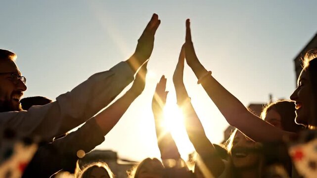 Joyful group high-fiving in warm sunset light, symbolizing teamwork, achievement, and collaboration against a vibrant sky backdrop. - Powered by Adobe