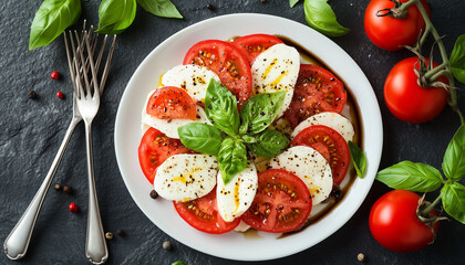 Caprese salad on white plate. Tomatoes, fresh mozzarella, basil leaves are seasoned with balsamic glaze. Italian cuisine classic dish on dark background
