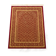 Luxurious Red Islamic Prayer Rug Sajadah with Golden Intricate Patterns Isolated on White Background