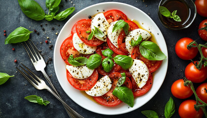 Caprese salad on white plate. Tomatoes, fresh mozzarella, basil leaves are seasoned with balsamic glaze. Italian cuisine classic dish on dark background
