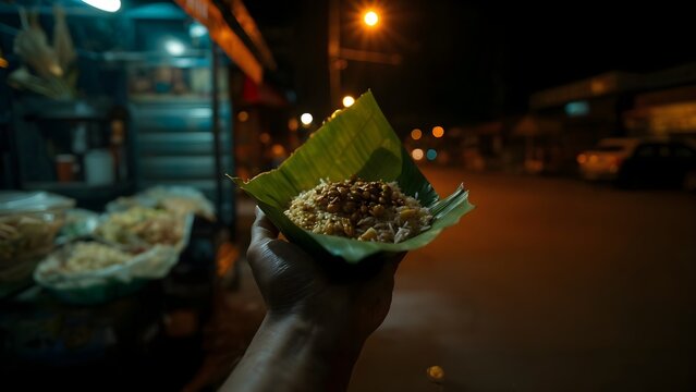 First Person View of Traditional Indonesian Nasi Bungkus Wrapped in Banana Leaf at a Street Food Stall at Night, Warm Street Light Atmosphere, Authentic Local Cuisine, Cinematic Mood