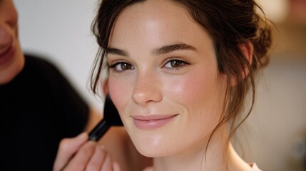 Medium shot showcasing a makeup artist creating a fresh daytime look with light foundation and subtle blush enhancing natural beauty with minimal makeup.