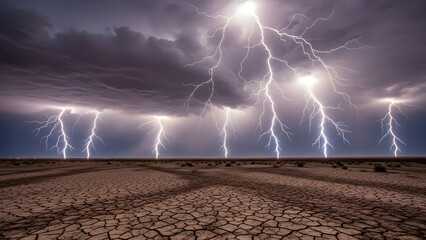 Dramatic thunderstorm with multiple lightning strikes over a barren, cracked earth landscape