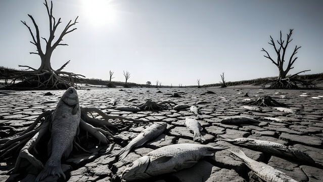 Environmental catastrophe dead fish and barren trees symbolize the devastating impact of drought and climate change