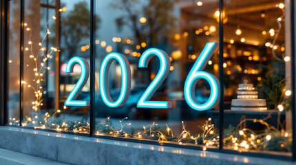 Stylish boutique window with illuminated 2026 sign and modern LED decor.