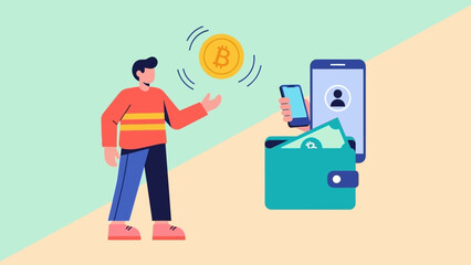 Man holding smartphone with wallet and bitcoin floating in air.