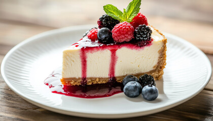 Slice cheesecake topped with fresh berries and mint leaves served on white plate. Delicious dessert is perfect treat