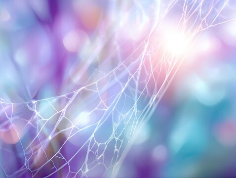 Close-up of gossamer strands glistening against a soft-focus background of pastel hues