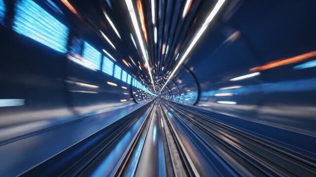 Futuristic Hyperspeed Tunnel with Streaking Blue Lights, Abstract Digital Data Flow Background, Modern Technology Concept