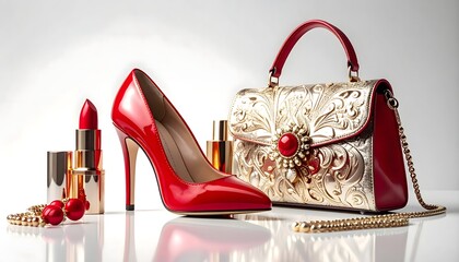 Stylish red high heel with luxury bag and lipstick high resolution photo