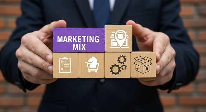 Marketing Mix Elements: A professional, well-dressed individual holds up a set of custom-designed blocks, each block showcasing a unique element from the concept of marketing mix 