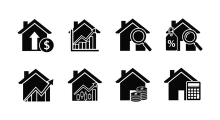 Black house icons representing finance growth and real estate investments a striking silhouette