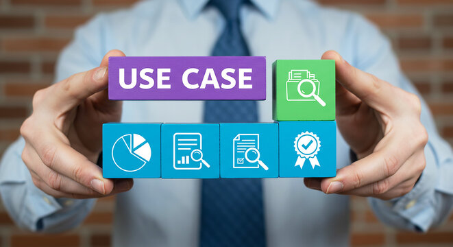 Use Case Cubes: A professional holds a set of colorful cubes, each representing aspects of a use case and demonstrating concept of application.