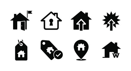 A collection of simple black house icons and related symbols a minimalist design silhouette