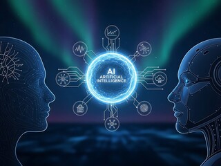 Artificial intelligence concept with human and robotic heads facing each other