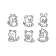Obraz premium Adorable Kawaii Farm Animal Line Art Collection