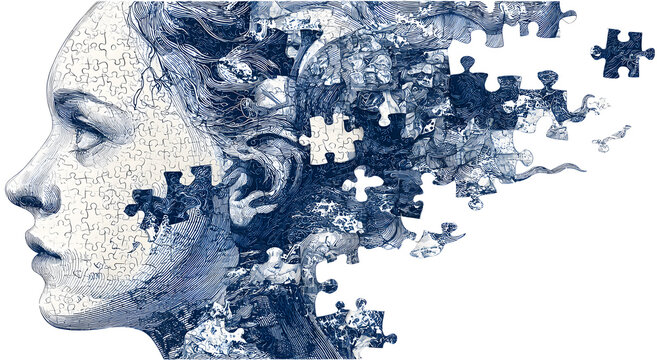Human head profile and jigsaw puzzle, cognitive psychology or psychotherapy concept, mental health, brain problem, personality disorder, vector line design, Created using generative AI tools.