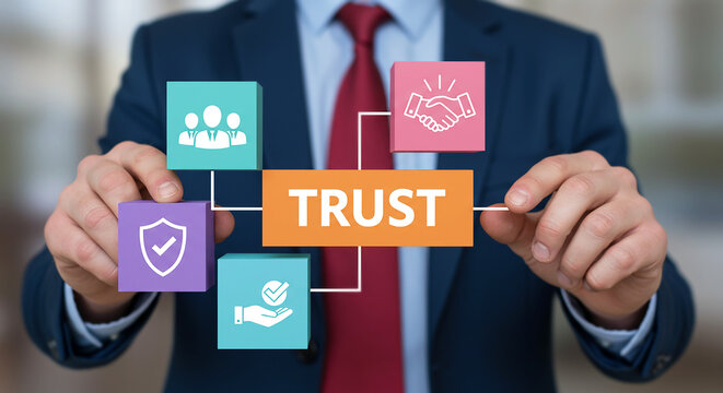 Building Blocks of Trust: A man, elegantly dressed in a suit, masterfully presents the core elements of trust.
