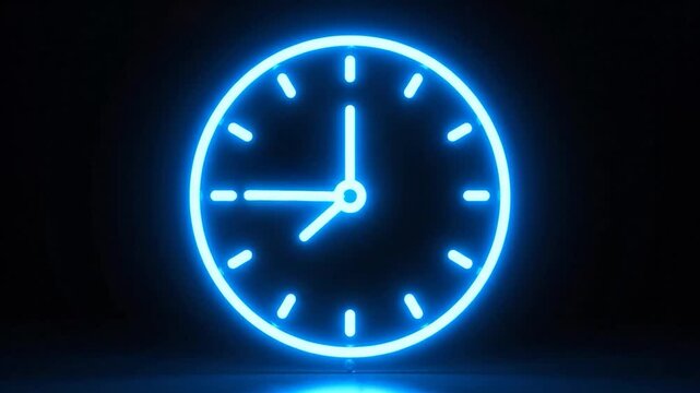 A luminescent blue neon clock face glows against a dark background, reflecting below