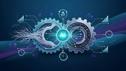 Artificial intelligence gears with glowing blue circuits and data flow