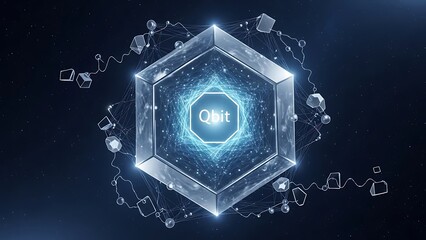 Glowing Qbit logo in futuristic hexagonal structure with blue light network