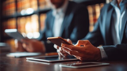 Legal professionals using digital devices to access online legal databases highlighting modern research techniques in a bright office.