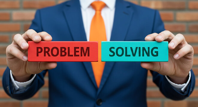 Bridging the Gap: A composed individual holds blocks inscribed with Problem and Solving, symbolizing a clear approach to tackling challenges and fostering innovation.