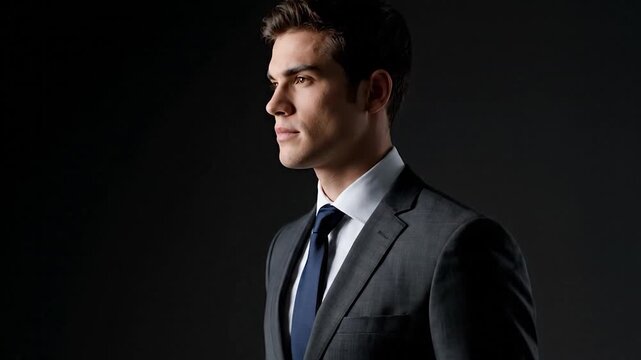 A profile of a man, formally dressed in a dark suit and tie, against a dark background