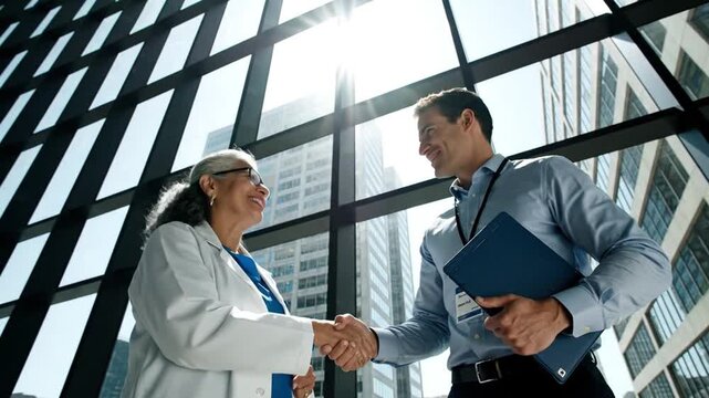 Smiling Healthcare Professional and Businessman Shaking Hands in a Bright, Modern Office Environment, Symbolizing Successful Partnership and Collab...