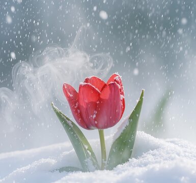 Rosa Tulpe im kalten Schnee