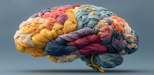 Human brain made of multi-colored tangled threads on blue background, banner with copy space, concept of neurodiversity and mental problems