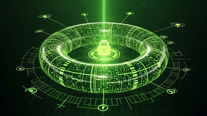 Glowing green futuristic lock with neon circuit board design