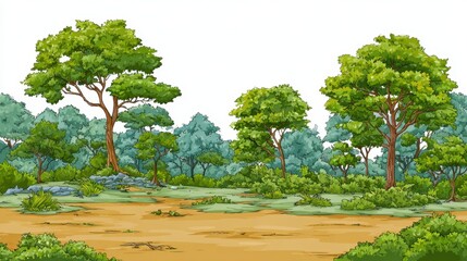 Vibrant and Lush Illustrated Forest Landscape with Diverse Trees and Greenery Set Against a Bright Background for Nature and Outdoor Themes