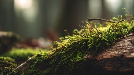 Close-Up View of Lush Green Moss Growing on a Fallen Log in a Serene Forest Setting with Soft Light Filtering Through the Trees