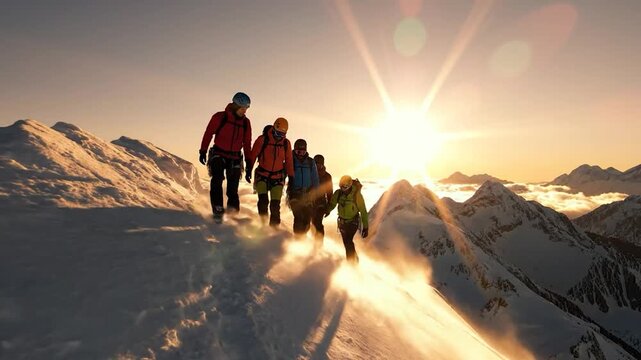 Team of climbers ascends a snowy mountain ridge in golden hour, reaching for summit