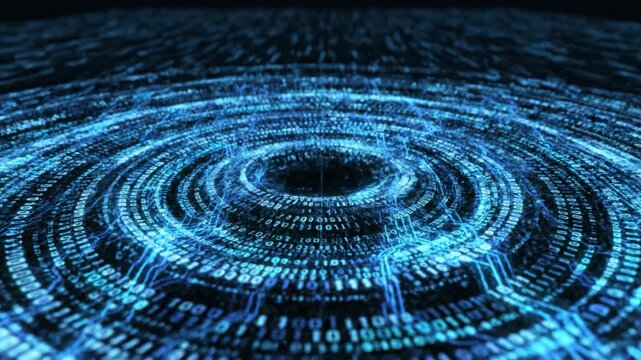 Glowing blue data spiral digital binary circle abstract technology pattern futuristic circuit surface luminous code vortex cyber information display network visualization concentric data rings