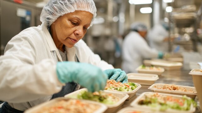 Medium shot of a prison kitchen worker assembling individual meals with attention to special dietary needs in a secure correctional facility environment.