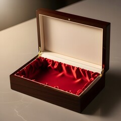 Open Wooden Keepsake Box with Red Velvet Lining Angled Perspective View