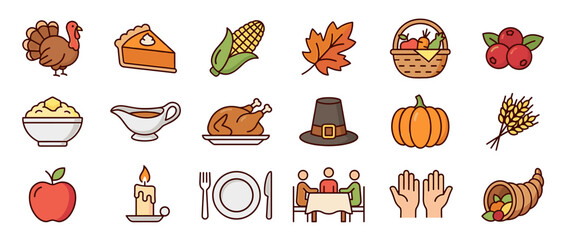 Collection of Thanksgiving themed icons including food, people, and symbols.