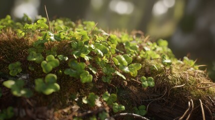Lush Green Foliage on Forest Floor with Soft Light Filtering Through Trees, Vibrant Nature Scene, Close-up of Tiny Leaves and Mossy Textures