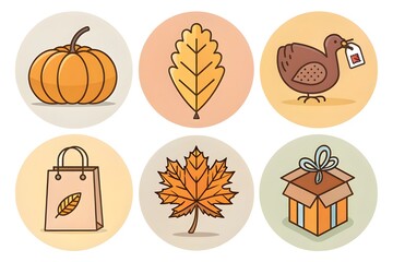 Minimal flat icon set blending Thanksgiving and Black Friday theme with pumpkin, leaf, turkey, shopping bag and gift tag in a clean UI style - AI Generated