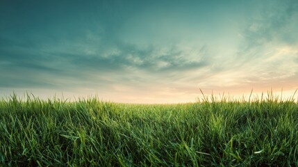 Tranquil Grass Landscape Under Dramatic Sky at Sunrise, Evoking Peaceful Natural Beauty and Serene Outdoor Ambiance for Relaxation and Reflection