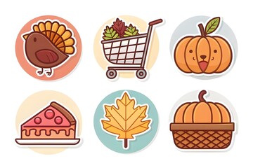 Modern flat sticker icons for autumn sale theme with clean shapes, soft highlights and bold outlines featuring Thanksgiving and Black Friday symbols - AI Generated