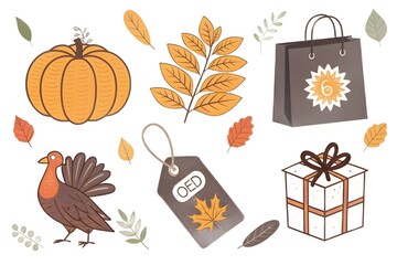 Mono-color flat icon set for Thanksgiving and Black Friday with pumpkin, turkey, leaf, shopping bag, gift box and discount tag in solid fill on transparent background - AI Generated