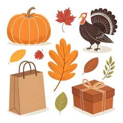 Flat sticker-style illustrations of Thanksgiving and Black Friday elements with bold shapes, thick white borders and bright festive colors on transparent background - AI Generated
