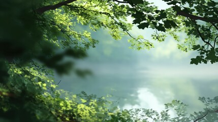 Serene Nature Scene with Lush Green Leaves Framing Calm Water Surface in a Misty Environment Inviting Peaceful Reflection and Tranquility