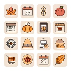 Mono-color outline icon set for Thanksgiving and Black Friday theme with fixed 2px stroke, rounded corners and strict grid alignment on transparent background - AI Generated
