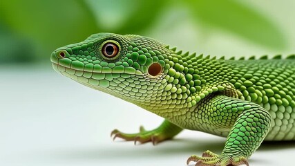 Vibrant Green Keel Bellied Lizard Posing on a White Surface.