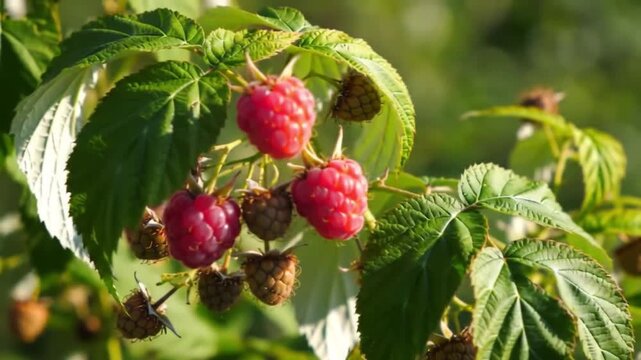 Ripe raspberries hang on a leafy branch in the warm sunlight